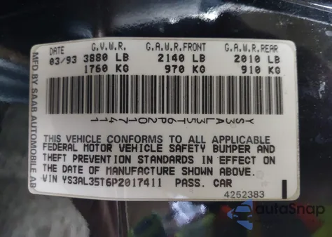 1993 Saab 900 Commemorative из США, поврежденный, VIN YS3AL35T6P2017411